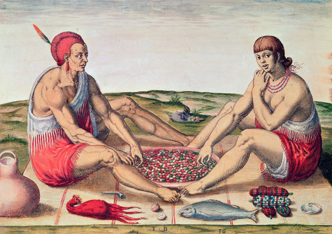 Indianie jedzący posiłek, strona 77 z „Admiranda Narratio...”, sztychowana przez Theodore de Bry (1528-98) 1585-88 autorstwa John White