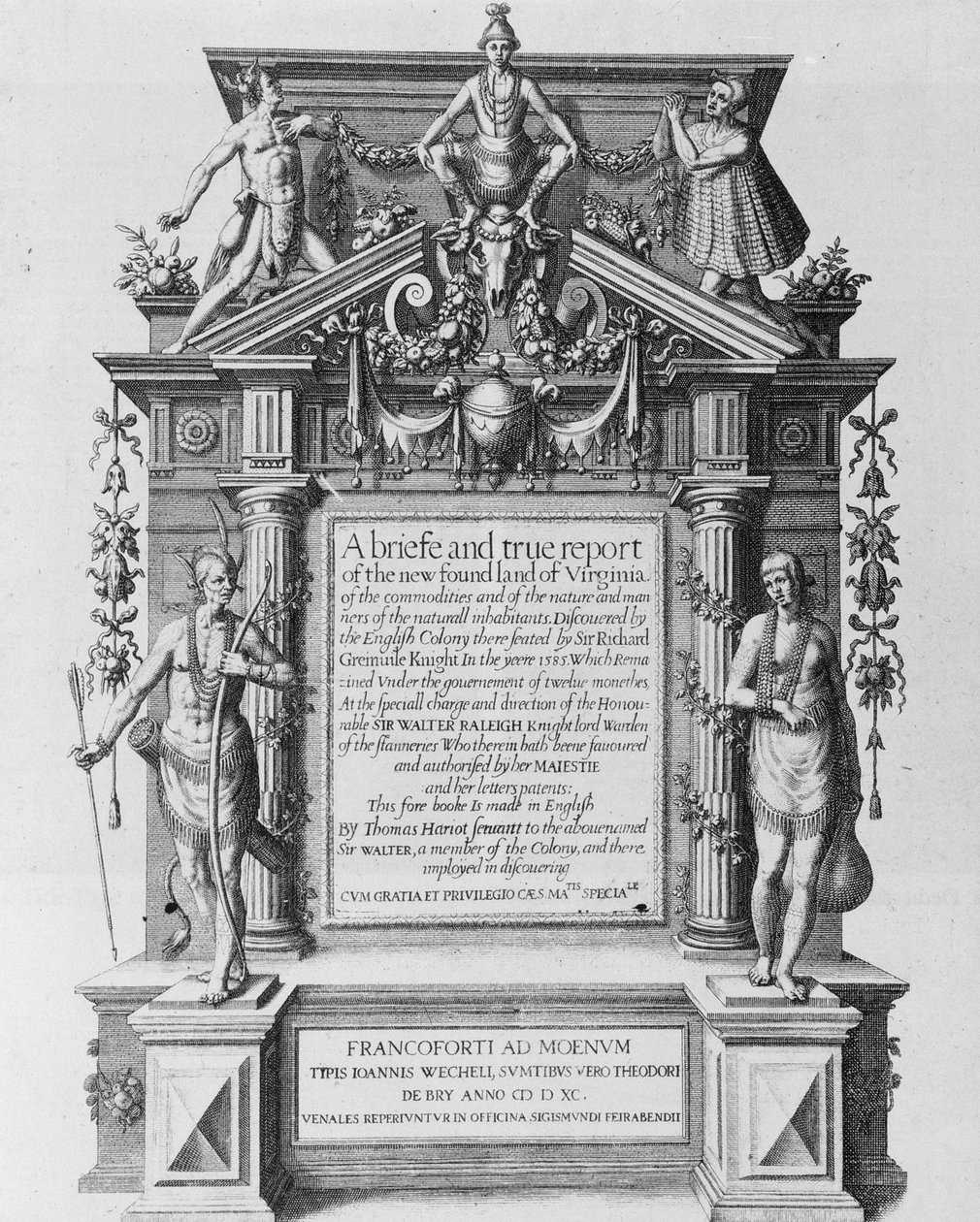 Główna strona tytułowa „Krótkiego i prawdziwego raportu o nowo odkrytej ziemi Wirginii”, rytowana przez Theodora de Bry (1528-1598) autorstwa John White