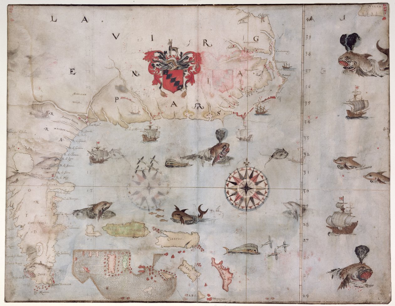 Mapa wschodniej Ameryki Północnej: Floryda do Zatoki Chesapeake (litografia) autorstwa John White