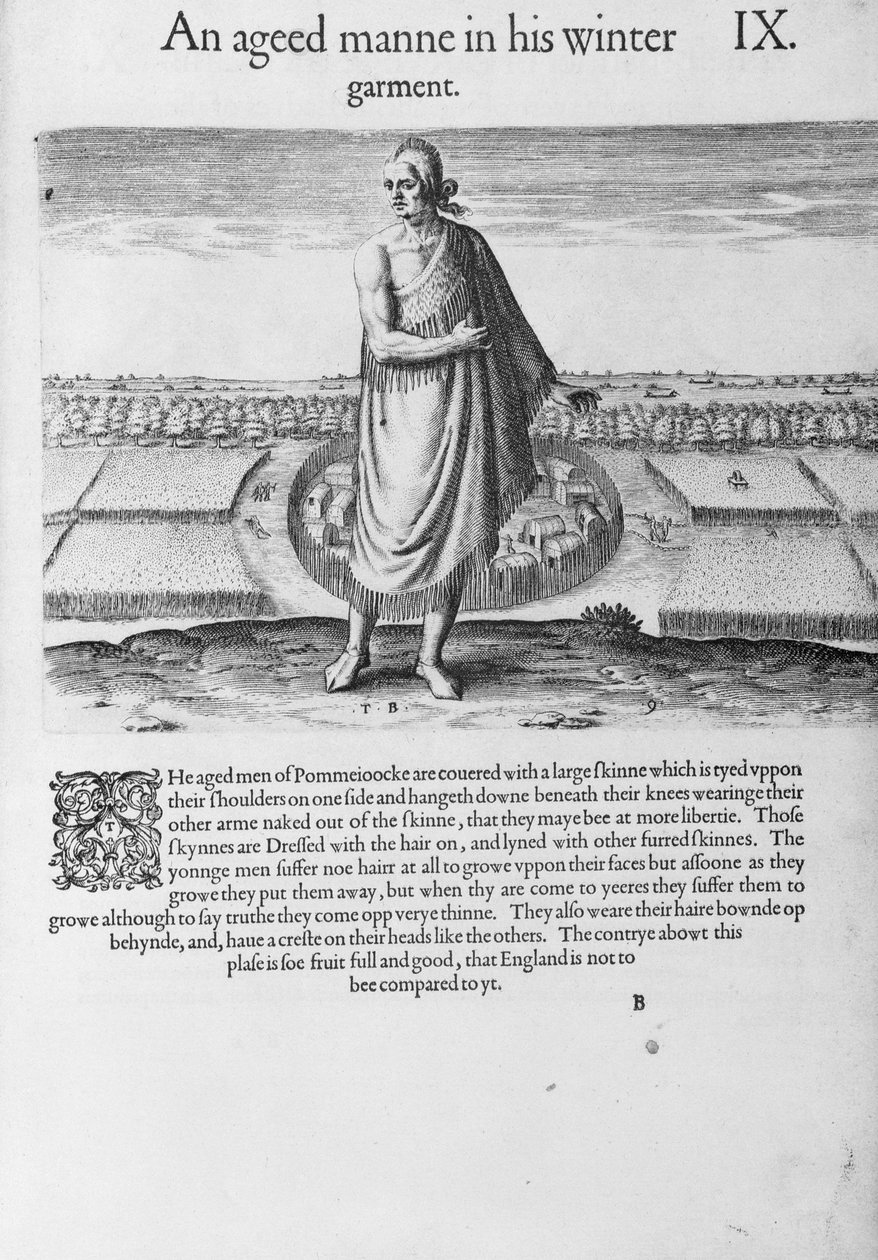 Stary Indianin w zimowym stroju, z „Krótkiego i prawdziwego raportu o nowo odkrytej ziemi Wirginii” Thomasa Harriota (1560-1621) wyrytego przez Theodore de Bry (1528-1598) wyd. w 1590 autorstwa John White