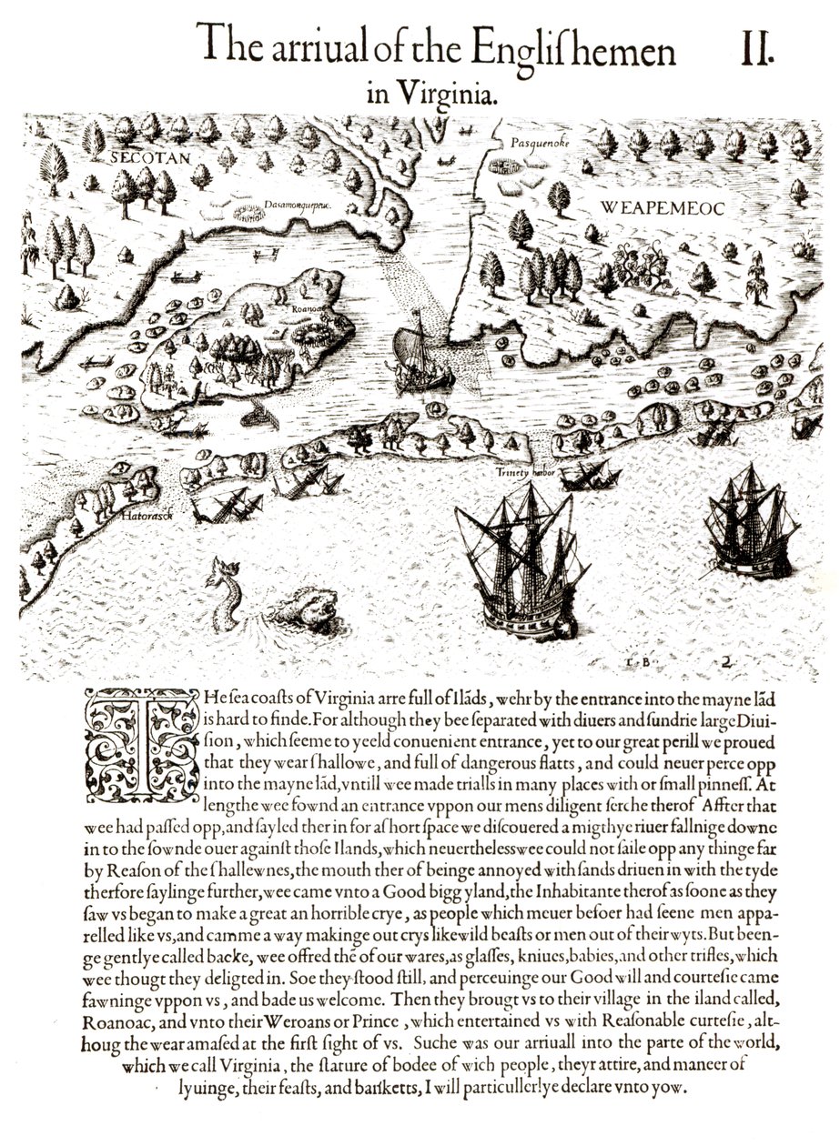 Przybycie Anglików do Wirginii, tablica z „Krótkiego i prawdziwego raportu o nowo odkrytej ziemi Wirginii” Thomasa Harriota (1560-1621) rytowana przez Theodore de Bry, wyd. 1590 (bundw autorstwa John White