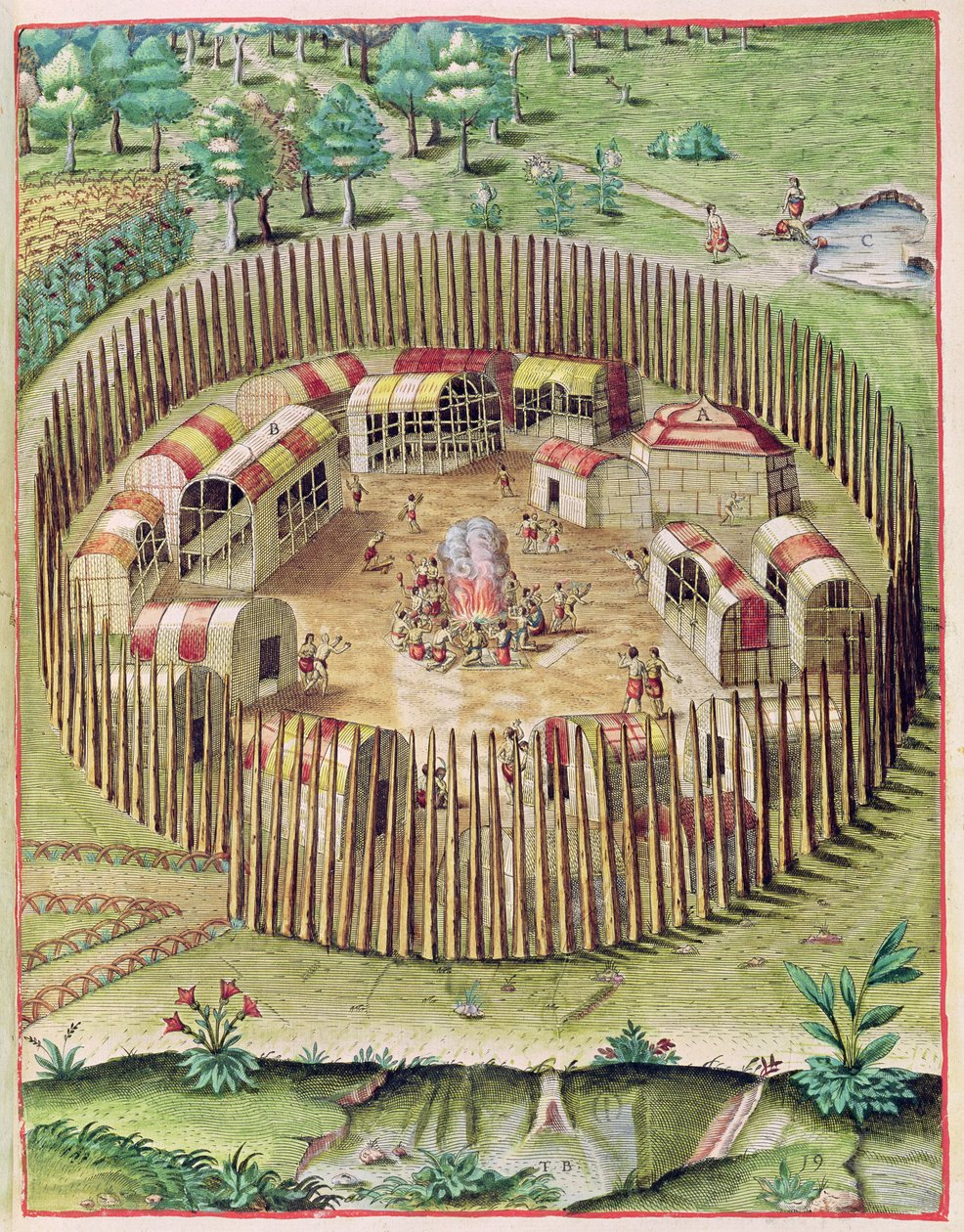 Ufortyfikowane miasto Pomeiooc, z "Admiranda Narratio...", rytowane przez Theodore de Bry (1528-98) 1585-88 autorstwa John White