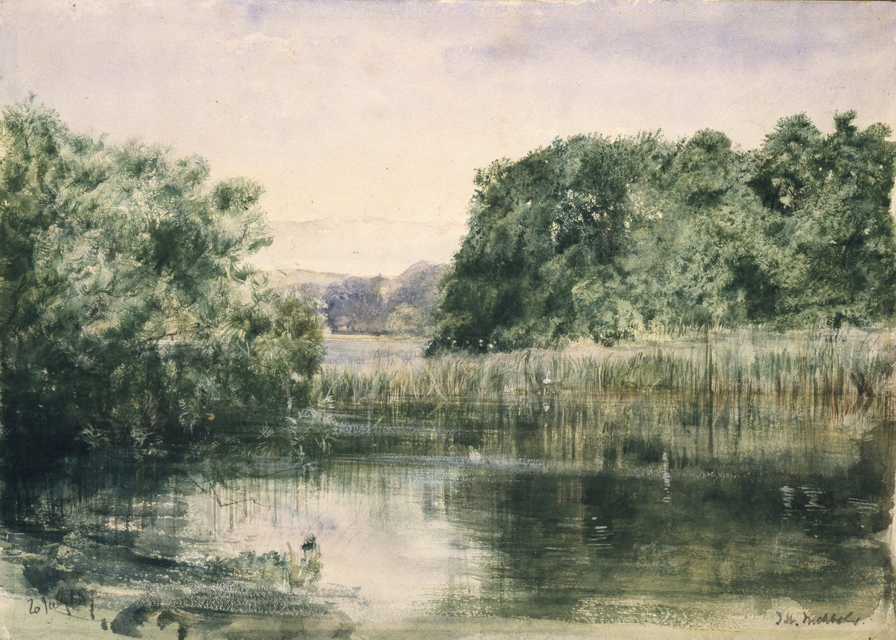 Widok na jezioro z drzewami, 1857 (akwarela na papierze) autorstwa John William Inchbold