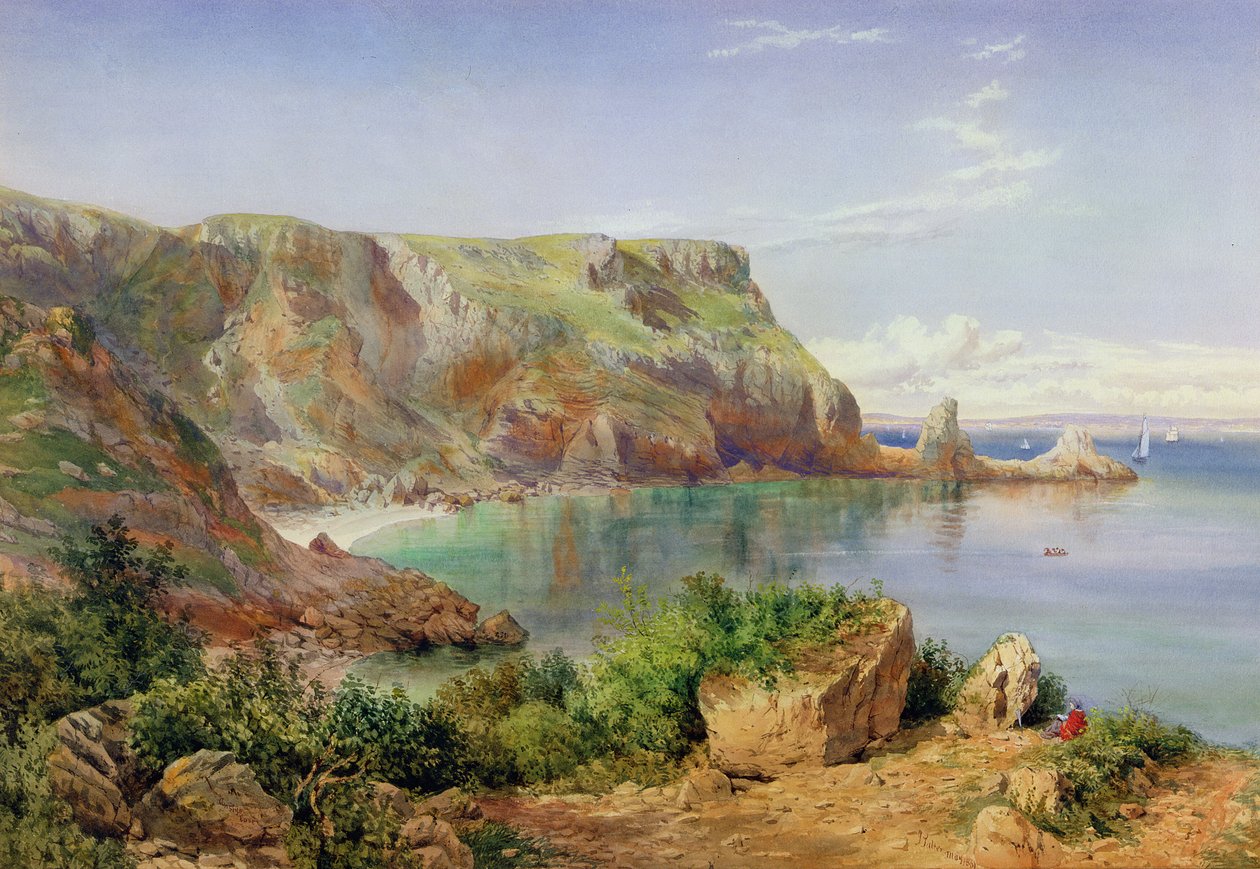 Ansteys Cove, Babbacombe, Devon, 1861 (ołówek i toaleta na papierze) autorstwa John William Salter