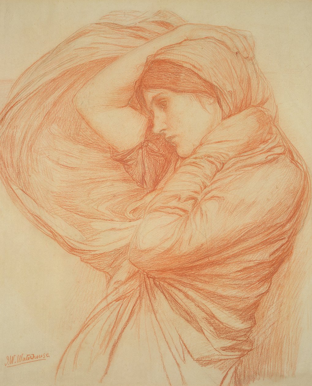 Studium dla „Boreas” (czerwona kreda na barwionym papierze) autorstwa John William Waterhouse