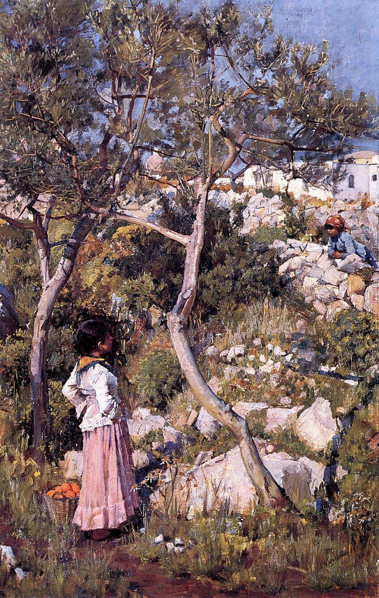 Dwie małe włoskie dziewczynki w wiosce autorstwa John William Waterhouse