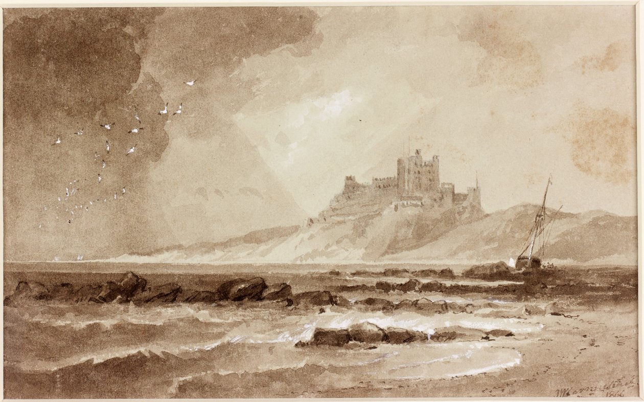 Zamek Bamburgh od północy (tusz (sepia) na papierze) autorstwa John Wilson Carmichael