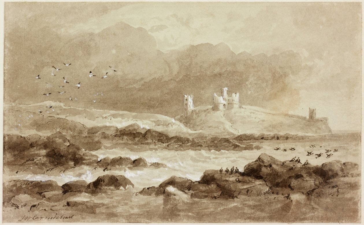 Dunstanburgh z południa (kolor nadwozia (biały) i tusz (sepia) na papierze) autorstwa John Wilson Carmichael