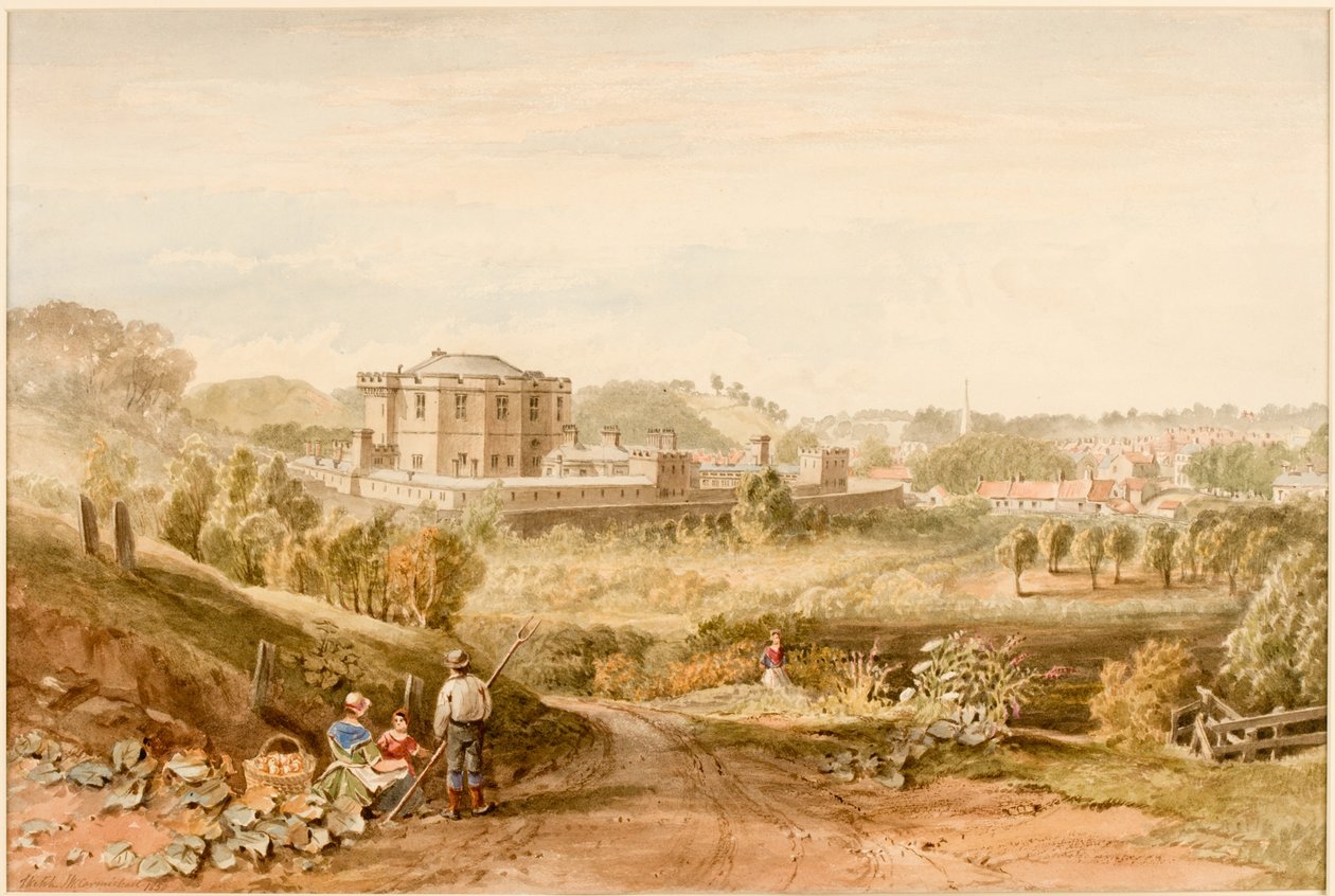 Morpeth Gaol, Northumberland (ołówek i akwarela na papierze (wklejone na karton)) autorstwa John Wilson Carmichael