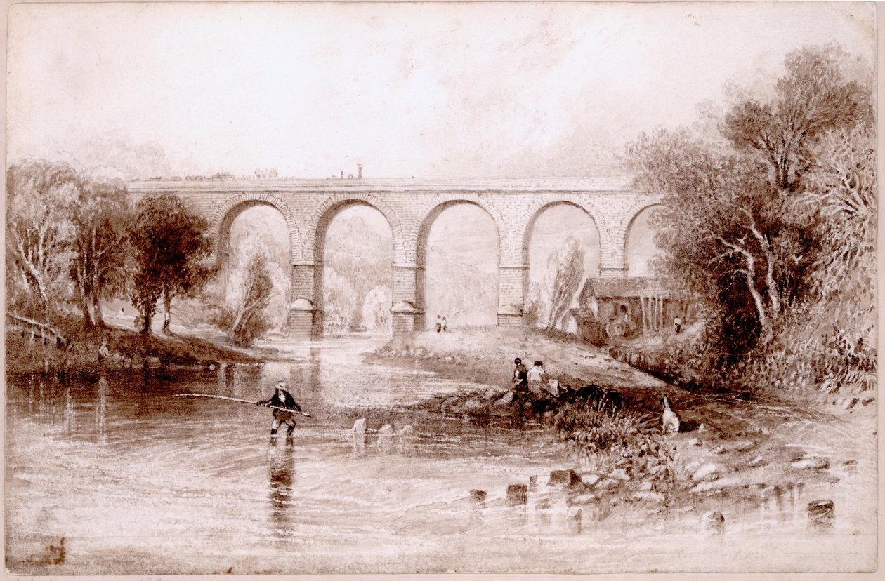 Wetheral Bridge, 1836 (wc i tusz na papierze) autorstwa John Wilson Carmichael