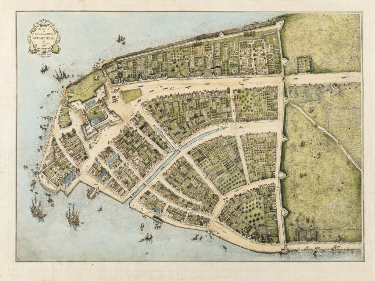 Szkic planu Castello w Nowym Amsterdamie z 1660 roku, 1916 (kolorowy wash na papierze) autorstwa John Wolcott Adams