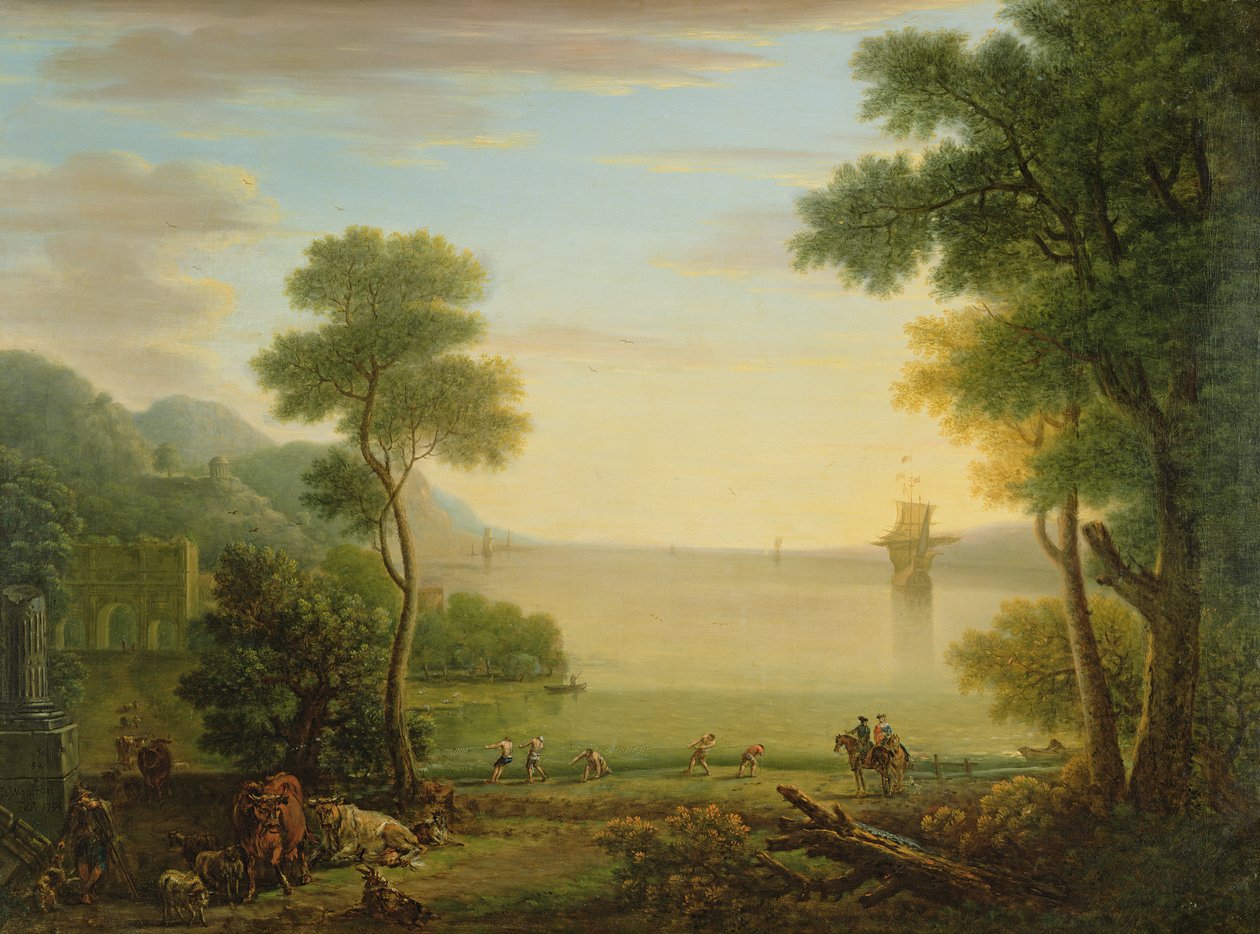 Klasyczny krajobraz z postaciami i zwierzętami, Zachód słońca, 1754 autorstwa John Wootton