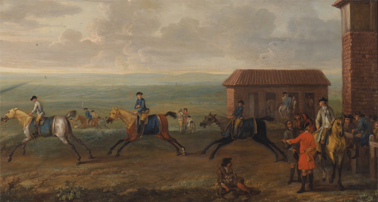 Lord Portmore obserwuje konie wyścigowe podczas ćwiczeń na Newmarket Heath autorstwa John Wootton