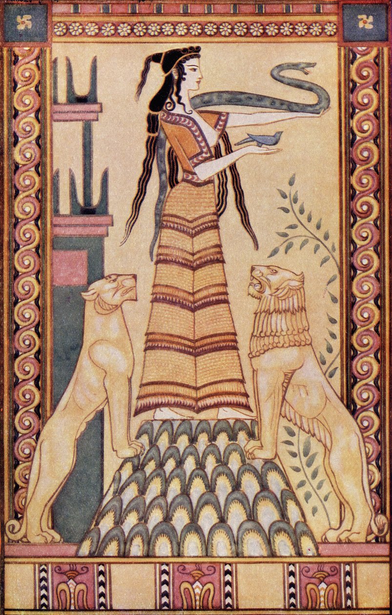 The Snake Goddess of Crete, ilustracja z „Mity of Crete and Pre-Hellenic Europe” Donalda A. Mackenzie, opublikowana w 1917 roku autorstwa after John Duncan