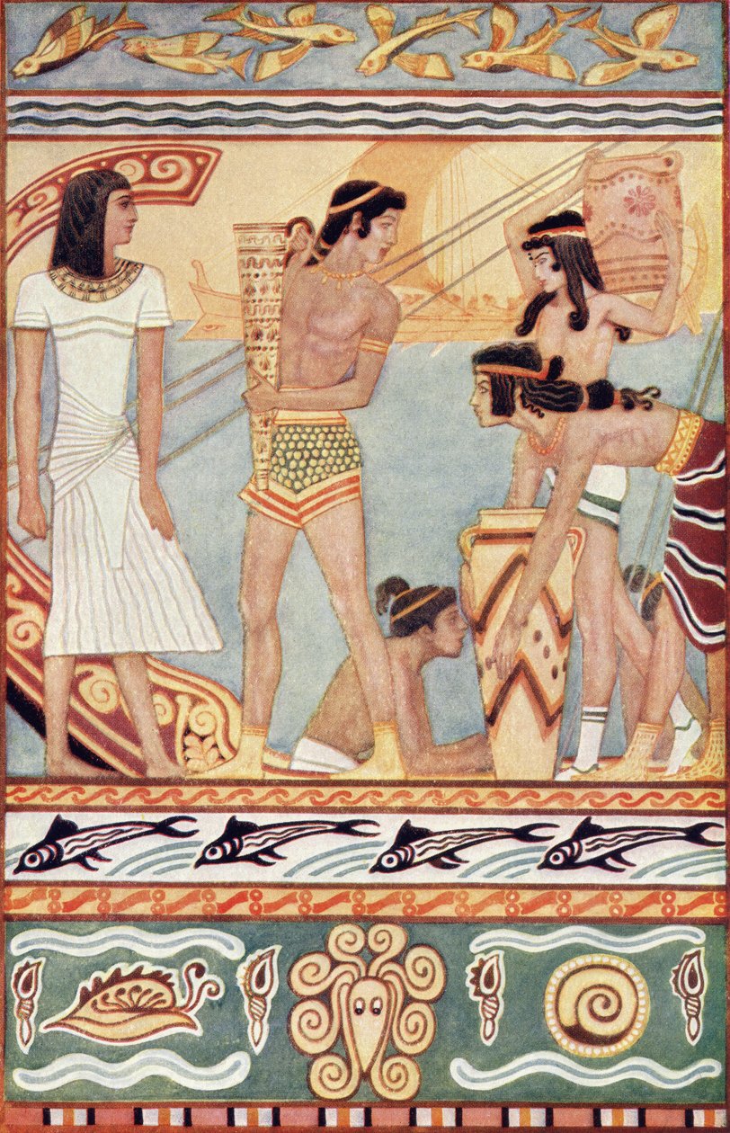 Handlarze z Krety, ilustracja z „Mity of Crete and Pre-Hellenic Europe” Donalda A. Mackenzie, opublikowana w 1917 roku autorstwa after John Duncan