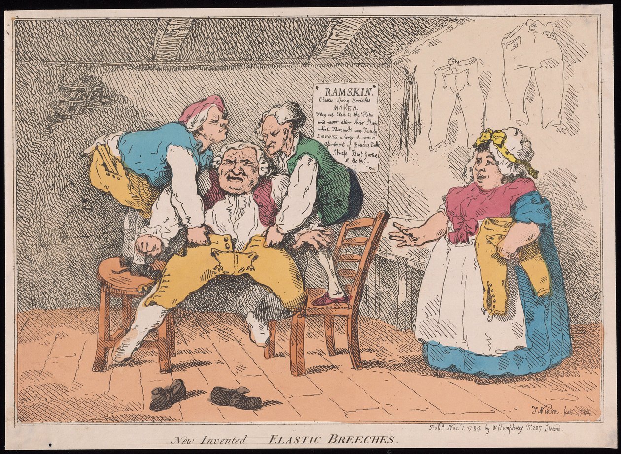 Nowość - Elastyczne Bryczesy, wyd. 1784 (ręcznie kolorowane grawerowanie) autorstwa John after Nixon