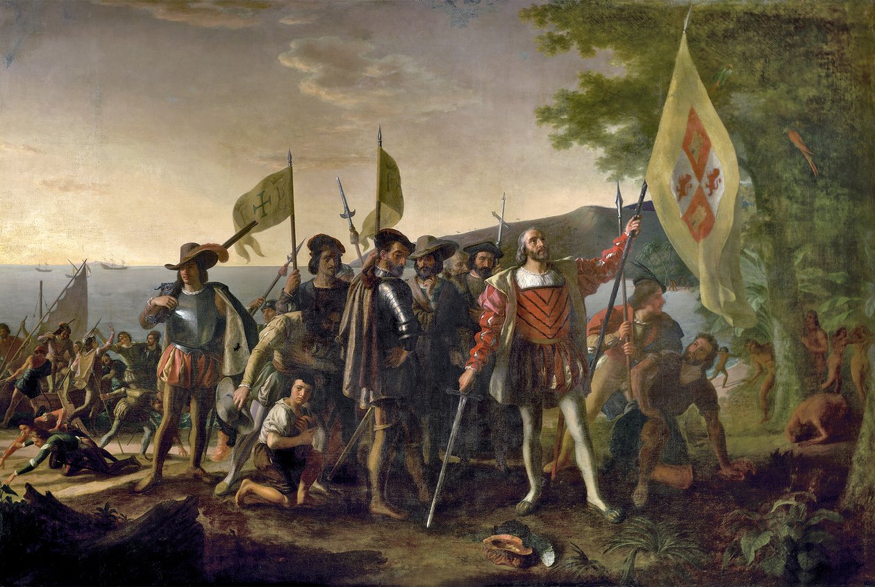 Krzysztof Kolumb lądujący na San Salvador, Bahamy 12 października 1492, pub. 1825 autorstwa John after Vanderlyn
