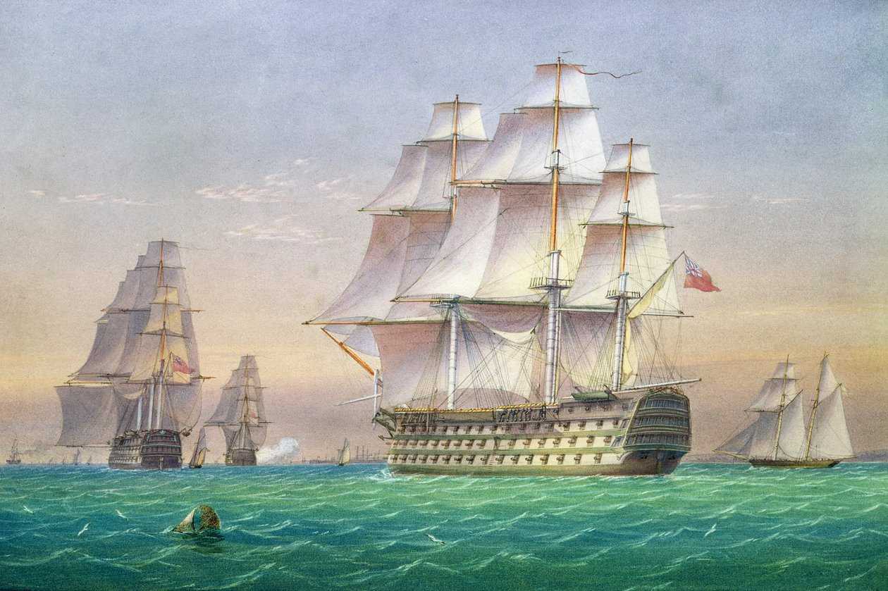 Trzy pierwszorzędne statki linii wchodzące do portu Portsmouth autorstwa John and William Joy
