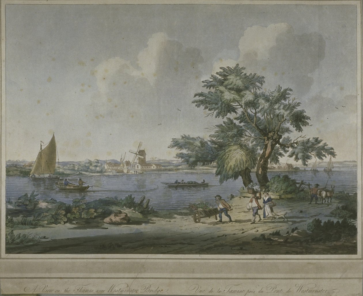 Widok postaci przewożących warzywa wzdłuż brzegu Tamizy, 1787 (akwatinta) autorstwa John the Elder Cleveley