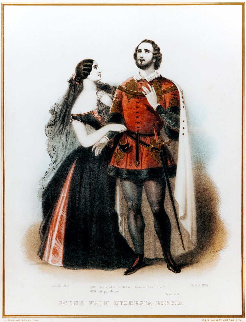 Opera Lucrezia Borgia Gaetano Donizettiego - Wprowadzenie do sceny II z Mario (włoski tenor: 1810-1883) i Grisi (1811-1869) w Londynie, HM Theatre Production, 6 czerwca autorstwa John (after) Brandard