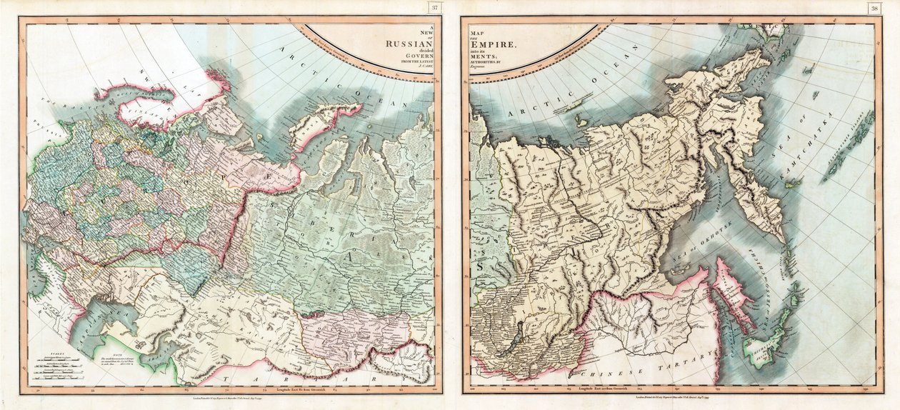 Mapa Imperium Rosyjskiego podzielonego na swoje rządy par Cary, John (ok. 1754-1835). Akwaforta, akwarela autorstwa John (after) Cary