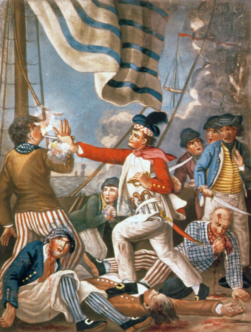 John Paul Jones strzelający do marynarza, który próbował zabłysnąć podczas zaręczyn, pub. autor: Carrington Bowles autorstwa John (after) Collet