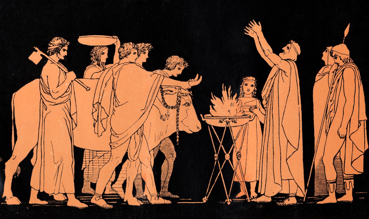 Nestor, król Pylos i były wojownik w wojnie trojańskiej, składa byki w ofierze Posejdonowi, scena z "Odysei" Homera (druk) autorstwa John (after) Flaxman