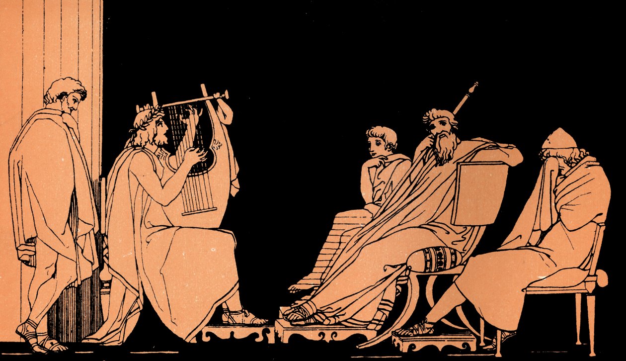 Odyseusz płacze przy pieśni Demodocusa, Odyseja Homera, wg Flaxmana (druk) autorstwa John (after) Flaxman
