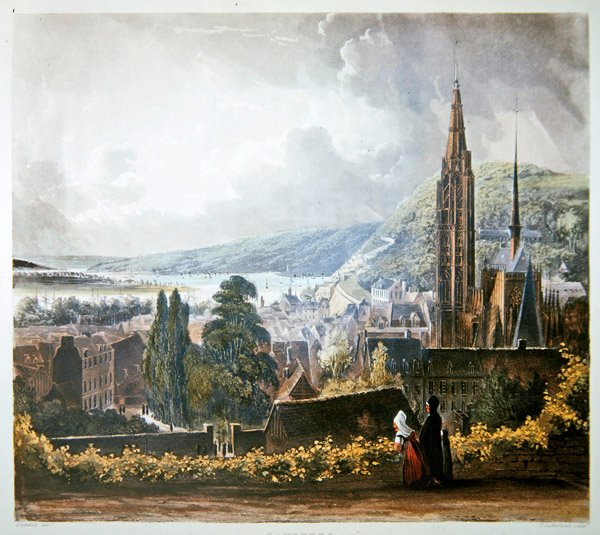 Caudebec, z „Widoki na Sekwanę”, ryt. Thomas Sutherland (ur. 1785) wyd. R. Ackermann (1764-1834) 1821 (kolor lito) autorstwa John (after) Gendall