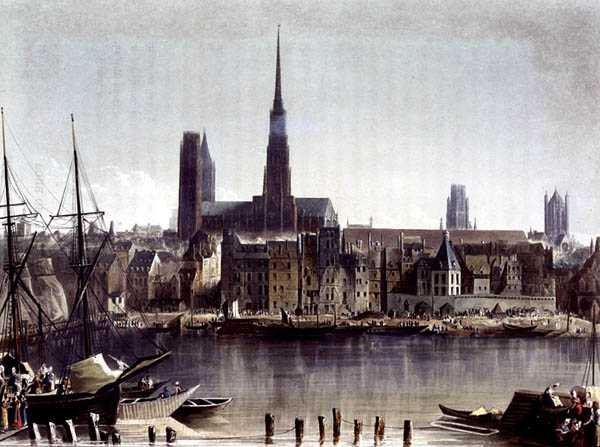 Widok Rouen, z „Widoków na Sekwanę”, ryt. Thomas Sutherland (ur. 1785), wyd. R. Ackermann (1764-1834) 1821 (kolor lito) autorstwa John (after) Gendall