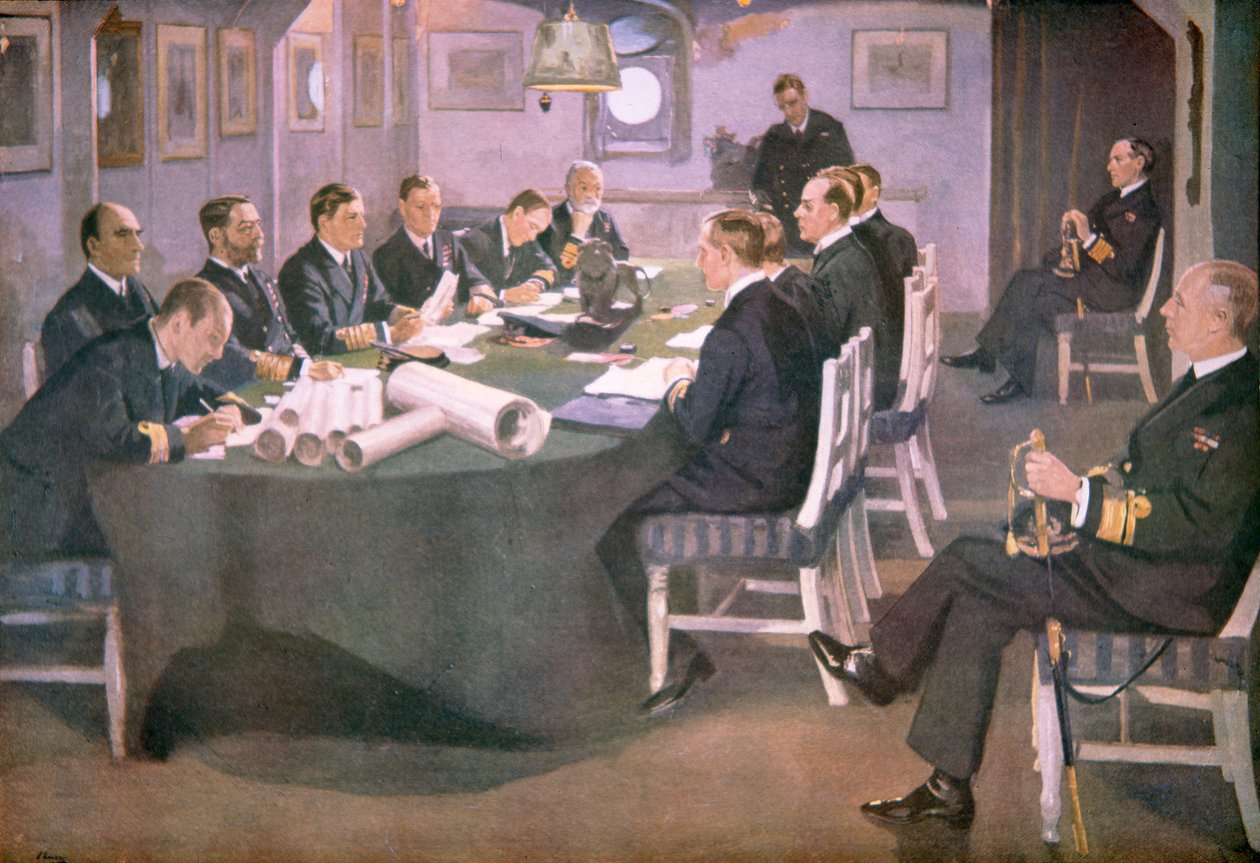 Admirał Sir David Beatty odczytuje warunki rozejmu niemieckim delegatom na pokładzie HMS Queen Elizabeth w Rosyth autorstwa John (after) Lavery