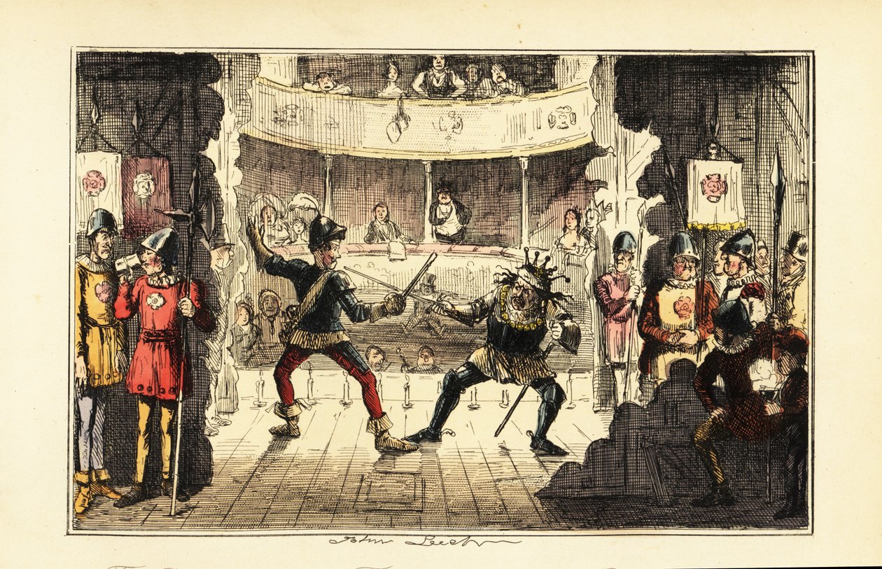 Aktorzy grający Henryka Tudora walczącego z królem Anglii Ryszardem III na scenie w teatrze autorstwa John (after) Leech