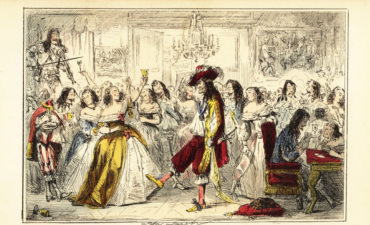 Król Karol II na potańcówce podczas restauracji, ok. 1660 r. autorstwa John (after) Leech