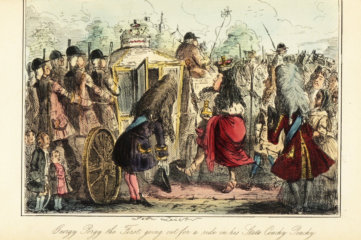 Król Anglii Jerzy I wsiadający na pokład królewskiego powozu do Osnabruck w noc swojej śmierci, 22 czerwca 1727 r. autorstwa John (after) Leech