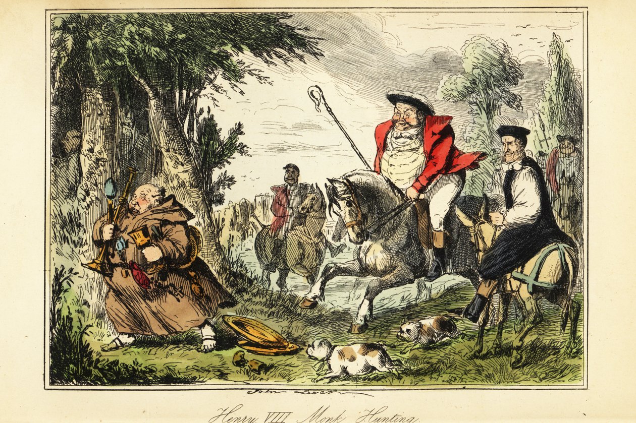 Król Henryk VIII w wiktoriańskim stroju myśliwskim z pasterzem na koniu goniącym katolickiego mnicha uciekającego ze kościelnym złotem autorstwa John (after) Leech