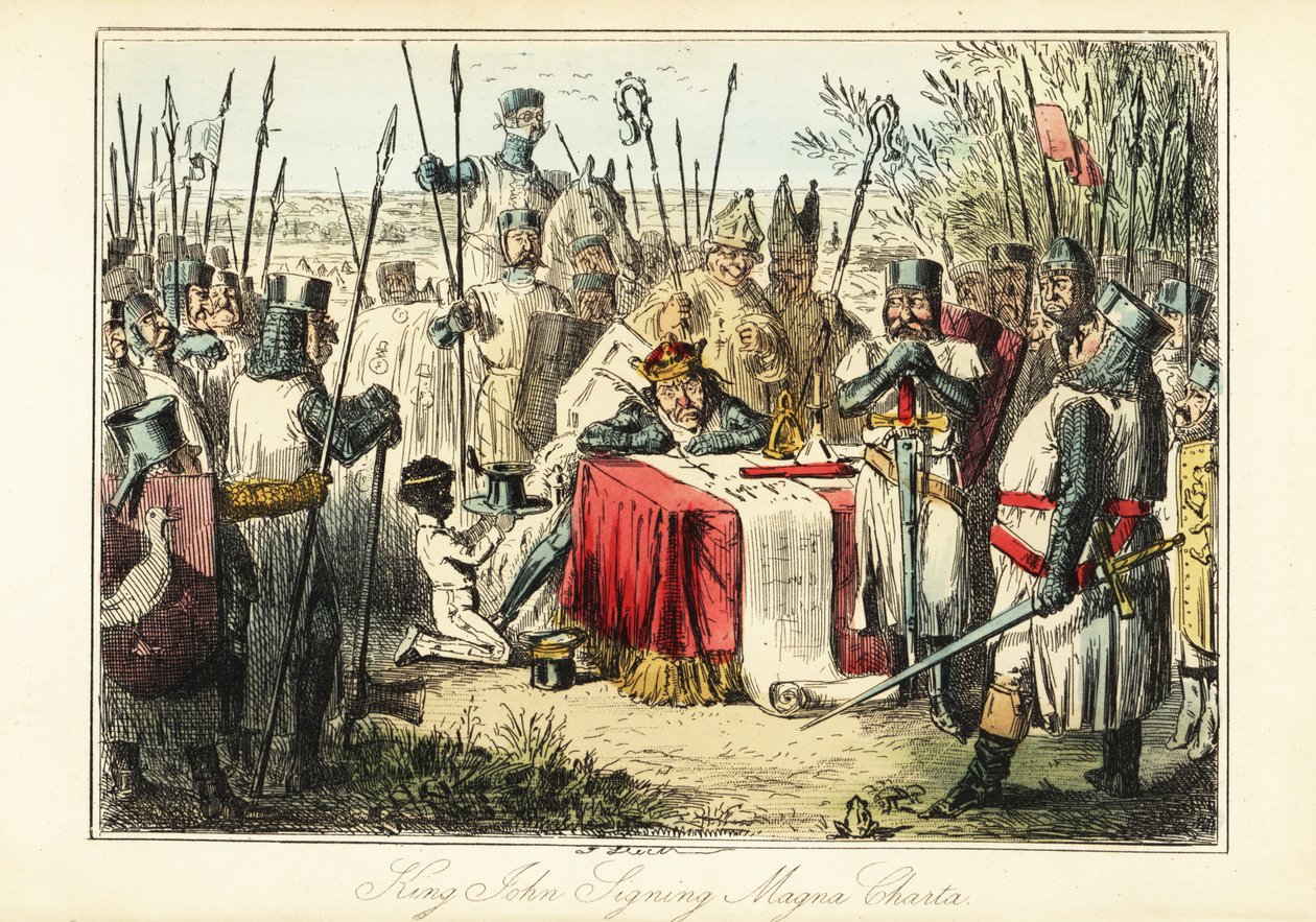 Król Jan otoczony przez baronów i biskupów podpisujących Magna Carta w Runnymede autorstwa John (after) Leech