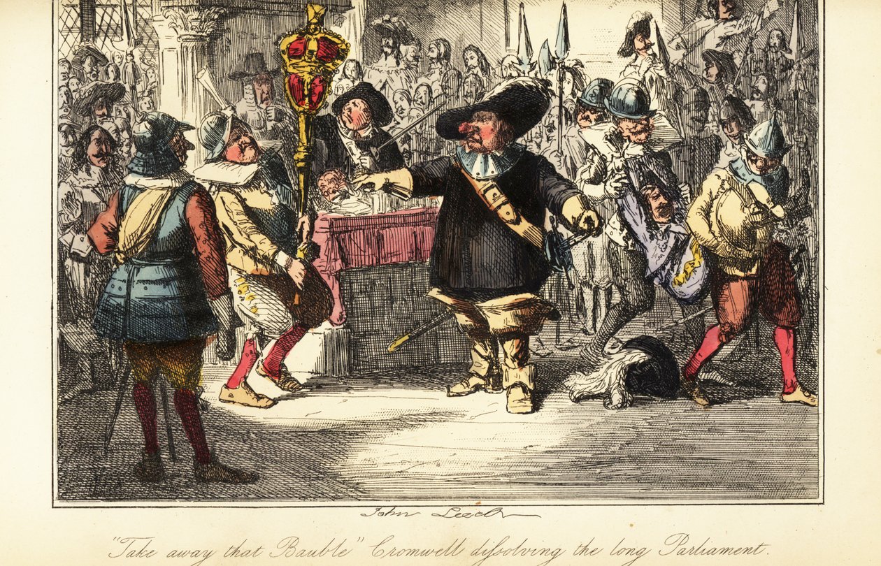 Oliver Cromwell usuwa buławę z Izby Gmin i rozwiązuje Parlament Zadowy w 1653 r. autorstwa John (after) Leech