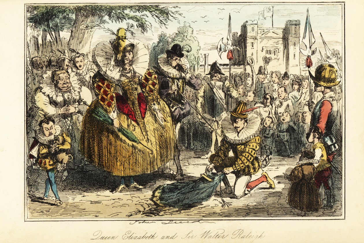 Sir Walter Raleigh kładzie pelerynę nad kałużą dla królowej Elżbiety I w Greenwich autorstwa John (after) Leech