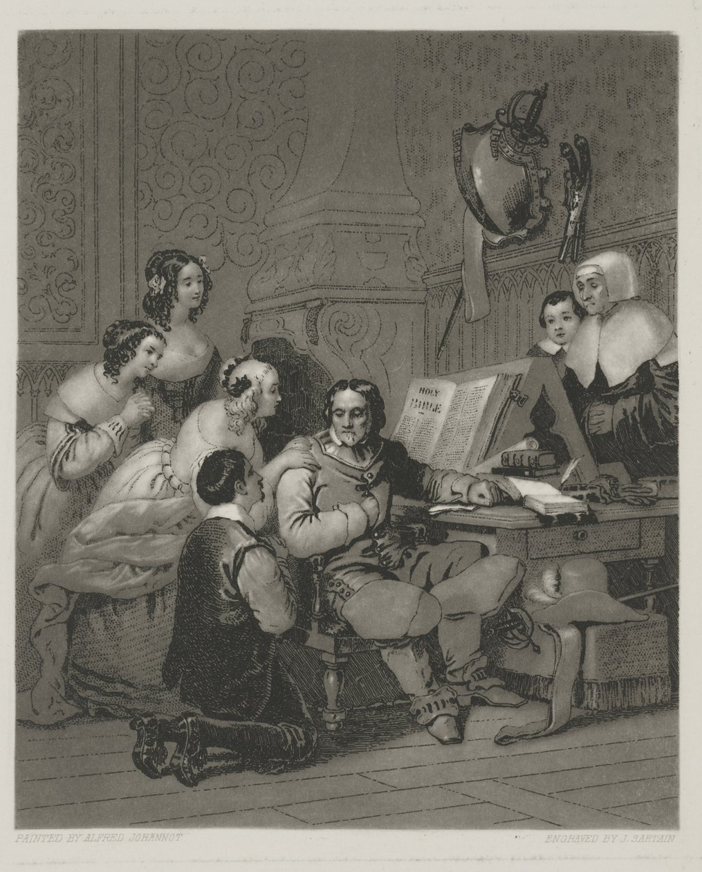 Rodzina Cromwell wstawia się za życie Karola I, grafika wykonana przez Alfreda Johannota (mezzotinta) autorstwa John (after) Sartain
