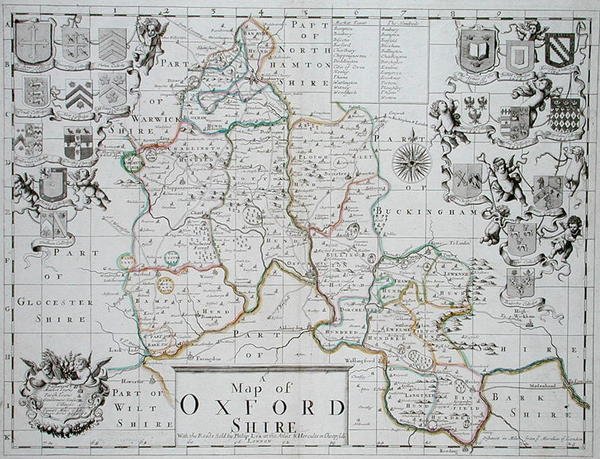 Mapa Oxfordshire, grawerowana i ręcznie kolorowana przez Johna Olivera i Richarda Palmera, wydana przez Philipa Lea, ok. 1690 (kolor grawerowany) autorstwa John (after) Sellar
