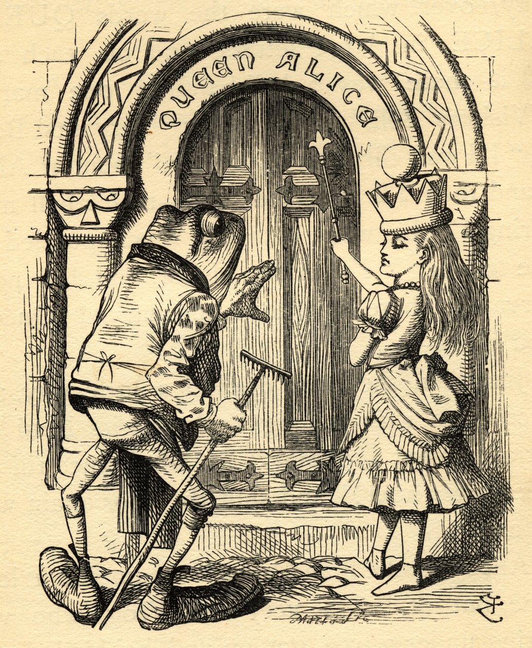 Alicja i żaba, ilustracja z „Po drugiej stronie lustra” Lewisa Carrolla (1832-98) opublikowana po raz pierwszy w 1871 r. (lito) autorstwa John (after) Tenniel