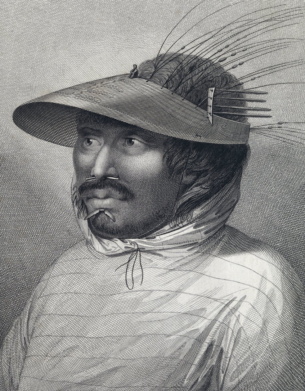 Portret mężczyzny z Oonalashka (lub Unalaska, Alaska, Stany Zjednoczone). Rycina z końca XVIII wieku, autorstwa Williama Sharpa (), według Johna Webbera (1751-1793). autorstwa John (after) Webber