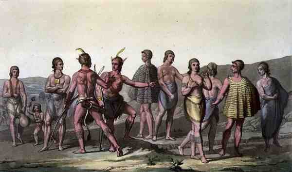 Rdzenni tubylcy z Ameryki (kolorowe grawerowanie) autorstwa John (after) White