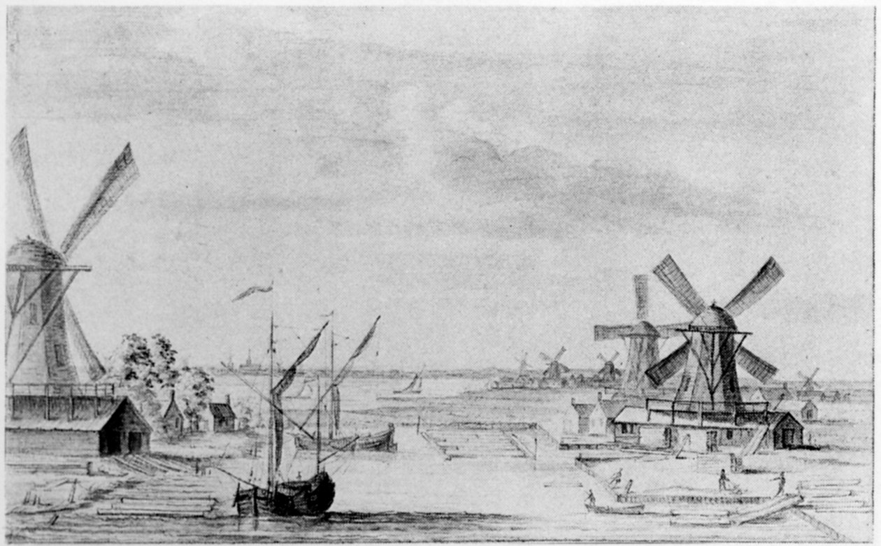 Widok na tartaki w Zaan, miasto Zaandam dalej (ołówek, kreda i pranie na papierze) autorstwa John (attr. to) Greenwood