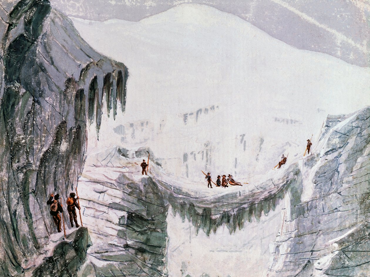 Wspinaczka na Mont Blanc, wspinacze zawieszeni w szczelinie, akwarela, Francja autorstwa Walter Charles Mills