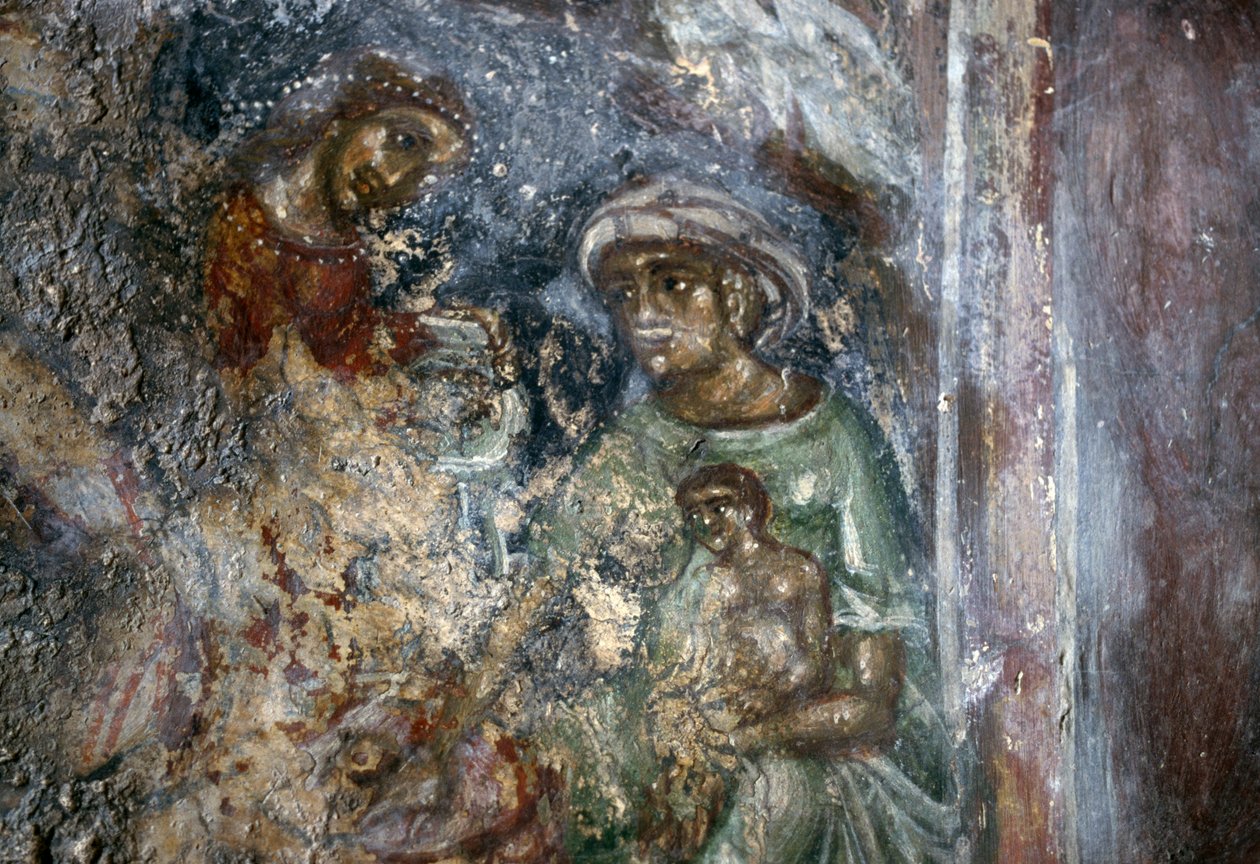 Fresk Świętej Rodziny, bizantyjski kościół Ayios Stephanos, Drakona, Kreta, Grecja (zdjęcie) autorstwa Walter Charles Mills