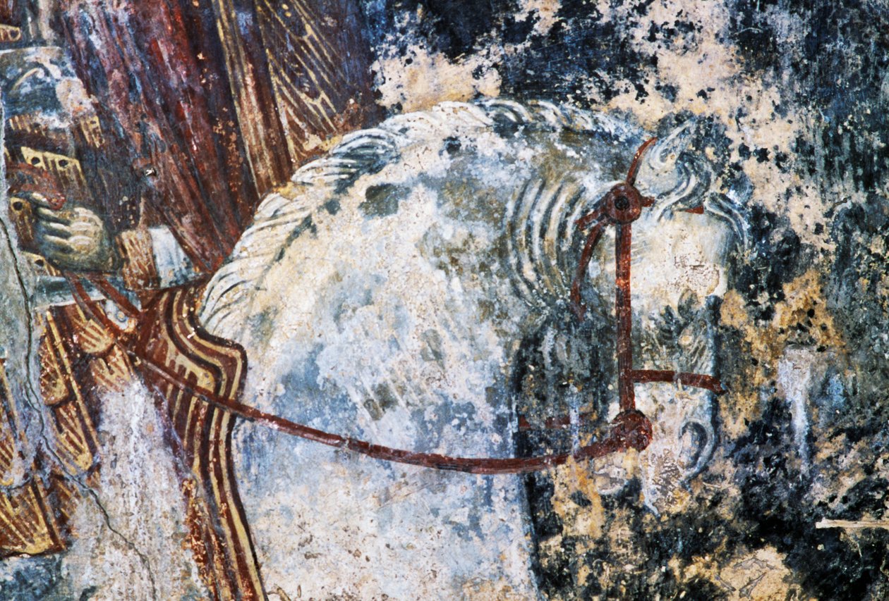 Koń, uszkodzony fresk na suficie kościoła Agios Vasileios, Vavouledo, Kreta, Grecja (zdjęcie) autorstwa Walter Charles Mills