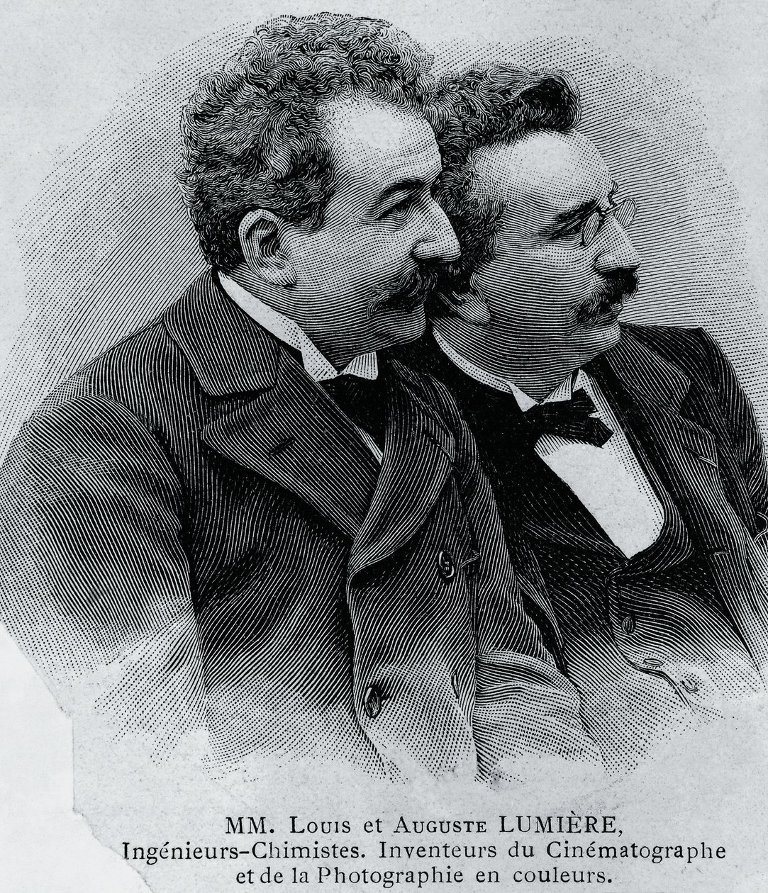 Portret Auguste Marie Louis Nicolas Lumiere (1862-1954) i Louis Jean Lumiere (1864-1948), francuskich przedsiębiorców i wynalazców projektora filmowego, grawerowanie z fotografii autorstwa Walter Charles Mills