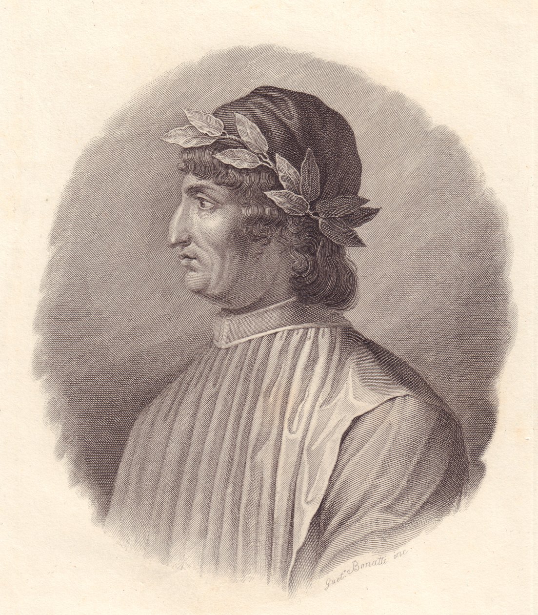 Portret włoskiego poety i humanisty Angelo Ambroginiego znanego również jako Poliziano (1454-1494), miedzioryt G Bonatti autorstwa Walter Charles Mills