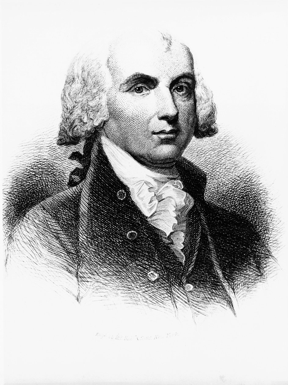 Portret Jamesa Madisona (1751-1836), ojca założyciela, amerykańskiego polityka, 4. prezydenta Stanów Zjednoczonych od 1809 do 1817 roku i jednego z ojców konstytucji, grawerowanie autorstwa Walter Charles Mills